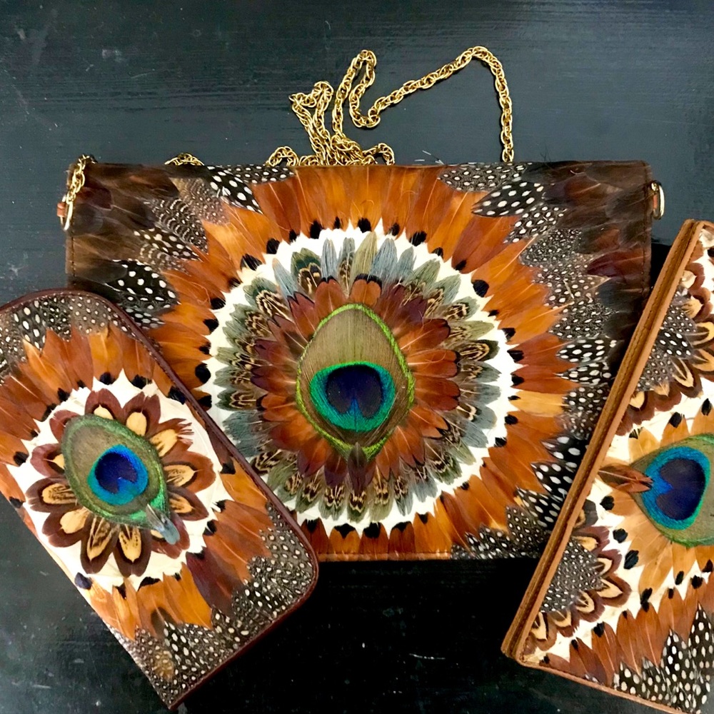 Vintage 1950s Peacock Feather Purse/Wallet/Glasses